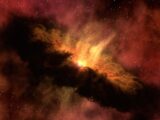 Dramatic image of a cosmic dust cloud with vivid colors and starry sky.
