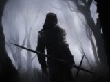 a man in a hooded suit holding a sword in a dark forest