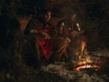 Two medieval warriors resting by a campfire at night